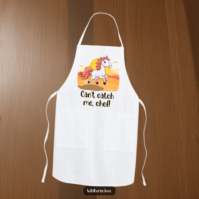 Funny Horse Sunset Apron showing a horse with a long tail running towards a beautiful, colorful sunset during cooking.