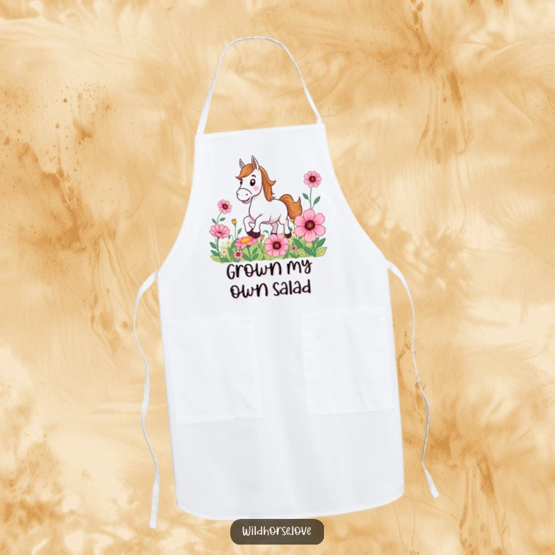 Funny Horse Apron: A smiling horse gallops through a field of giant flowers, adding a humorous and protective layer for kitchen tasks.