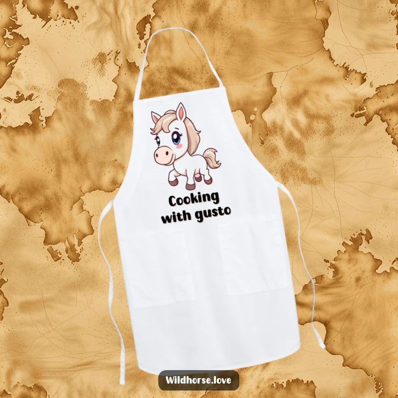 Funny apron showing a stylized horse bucking with pure delight, perfect for cooking or crafting with spirited energy.