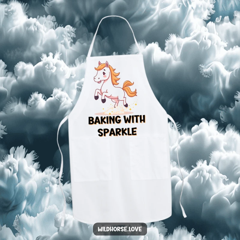 Funny Horse Apron: A horse joyfully kicks up a cloud of sparkling dust while cooking, adding humor and protection.