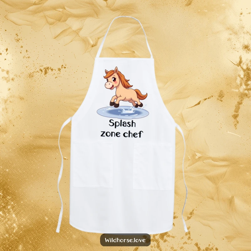 Funny Apron: A joyful horse with wide eyes leaps over a sparkling puddle, great for kitchen fun and equestrian enthusiasts.