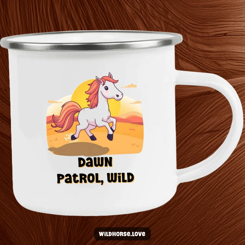 Funny Horse Sunset Camping Mug showing a horse with a flowing tail running into a vibrant sunset, ideal for outdoors.