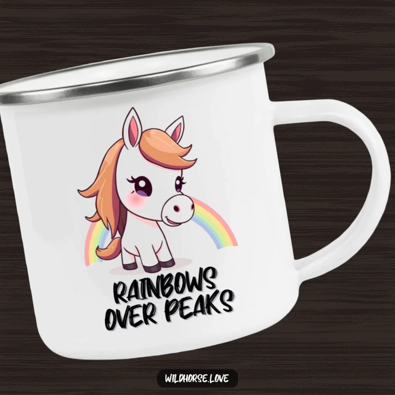Funny Horse Camping Mug: A curious horse looks up at a rainbow, perfect for adventurers who appreciate hope and nature.