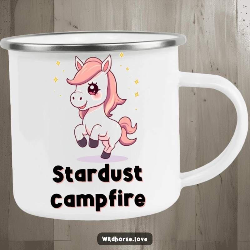 Funny Camping Mug: A horse with a happy neigh kicks up stardust in an outdoor setting, celebrating magic and adventure.