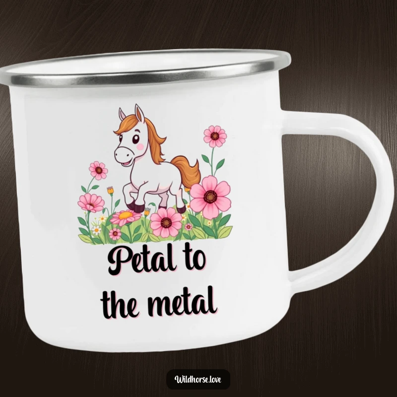 Funny Horse Camping Mug: A smiling horse gallops through a field of oversized flowers, perfect for outdoor enthusiasts enjoying a drink.