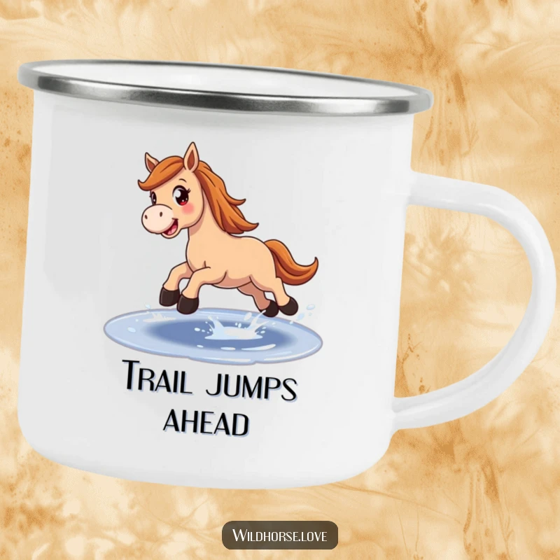 Funny Camping Mug: A joyful horse with wide eyes leaps over a sparkling puddle in an outdoor setting, celebrating fun.