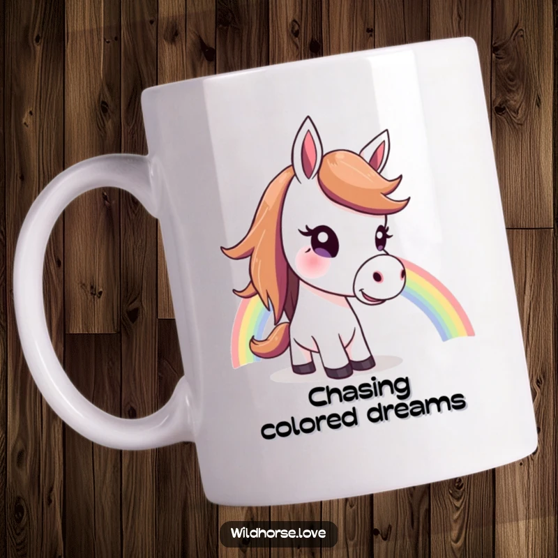 Funny Horse Mug: A horse tilts its head curiously, looking up at a vibrant, colorful rainbow stretching across a whimsical sky.
