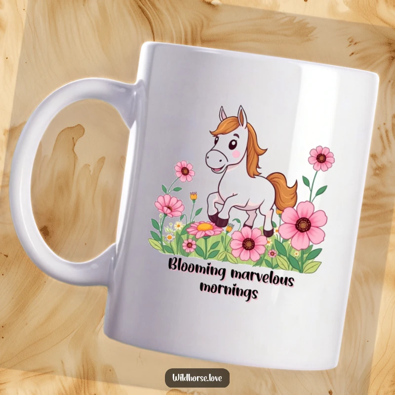 Funny Horse Mug: A happy horse with a wide grin gallops through a field of giant, colorful flowers, radiating pure joy and freedom.