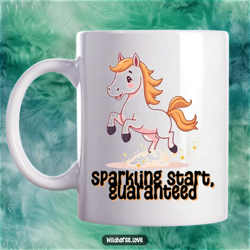 Funny Horse Mug: A stylized horse joyfully kicks up a cloud of shimmering, sparkling dust, creating a magical and energetic scene.