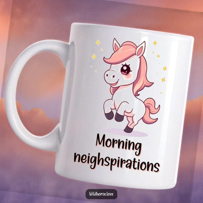 Funny Mug: A horse character with a happy neigh kicks up a trail of sparkling stardust, embodying magical energy.