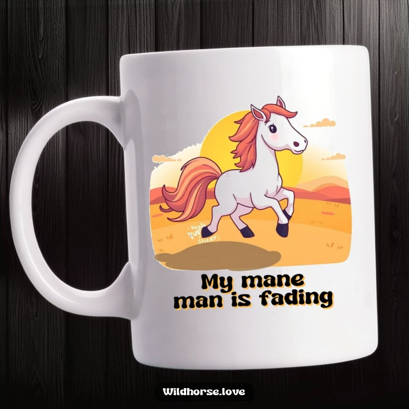 Funny Horse Sunset Mug featuring a beautiful horse with a flowing tail running into a colorful, vibrant sky at dusk.