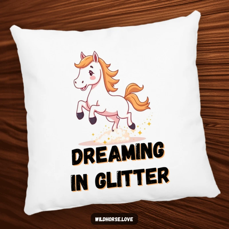 Funny Horse Pillow: A horse joyfully kicks up a cloud of sparkling dust, offering plush comfort and a sprinkle of magic.