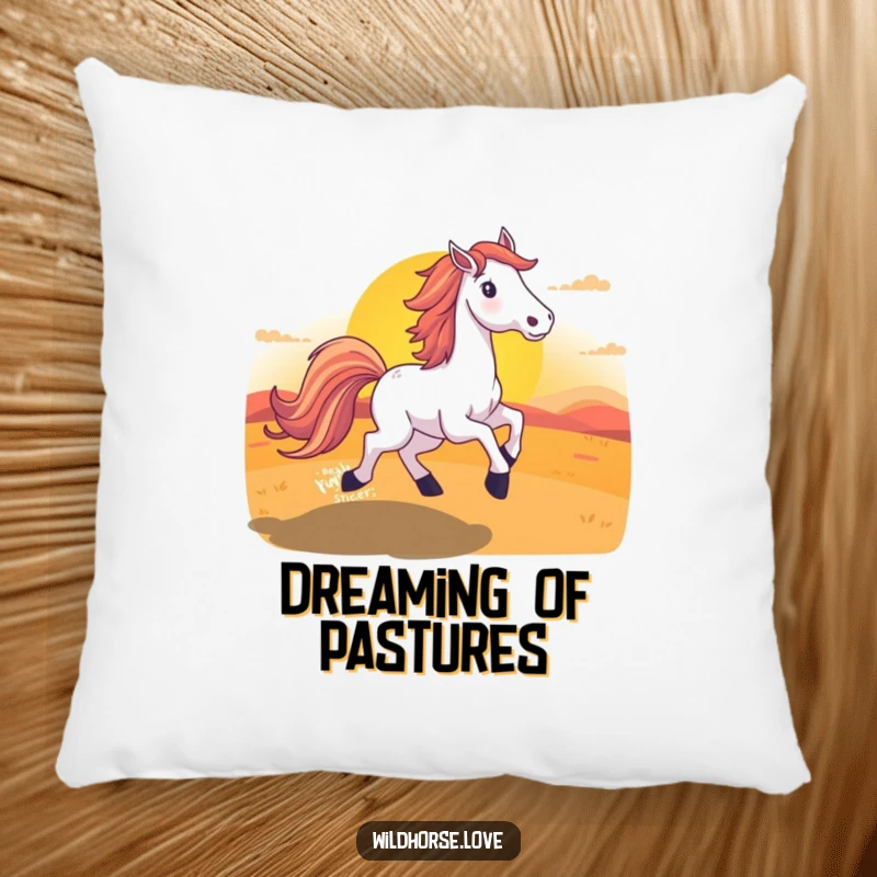 Funny Horse Sunset Pillow with a detailed illustration of a horse with a flowing tail against a vibrant sunset.