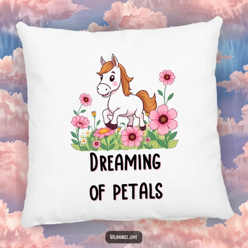 Funny Horse Pillow: A grinning horse is depicted galloping through a field of oversized, colorful flowers, offering soft comfort and joy.