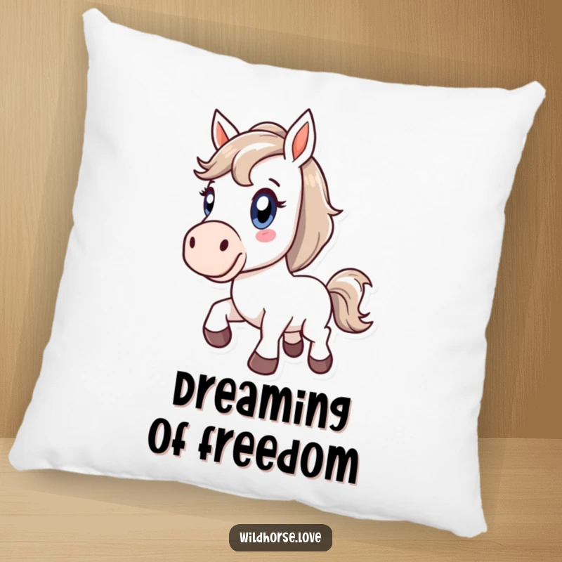 Funny pillow with a stylized horse bucking with pure delight, offering comfort and a theme of energetic joy.