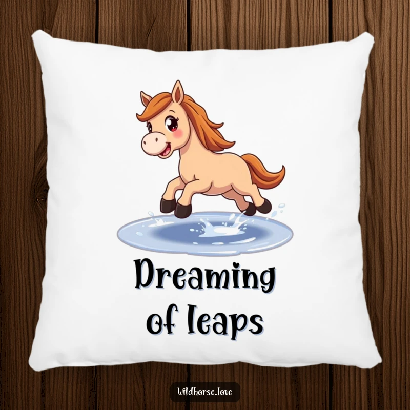 Funny Pillow: A joyful horse with wide eyes leaps over a sparkling puddle, bringing comfort and equestrian humor.