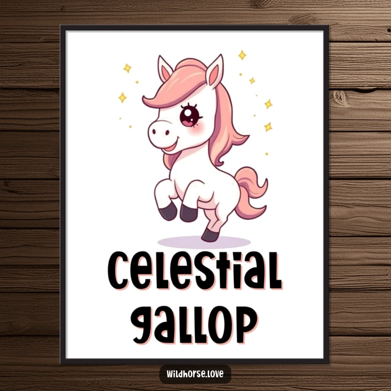 Funny Digital Art Print: A horse with a happy neigh kicks up a dazzling trail of stardust, embodying magical energy.