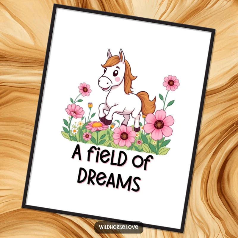 Funny Horse Digital Art Print: A smiling horse gallops joyfully through a field of massive, colorful flowers, ready to be framed.