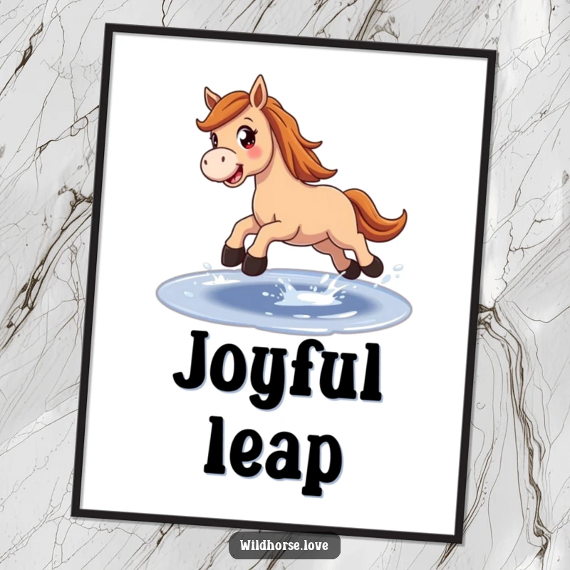 Funny Digital Art Print: A joyful horse with wide eyes gleefully leaps over a sparkling puddle, capturing pure exhilaration.
