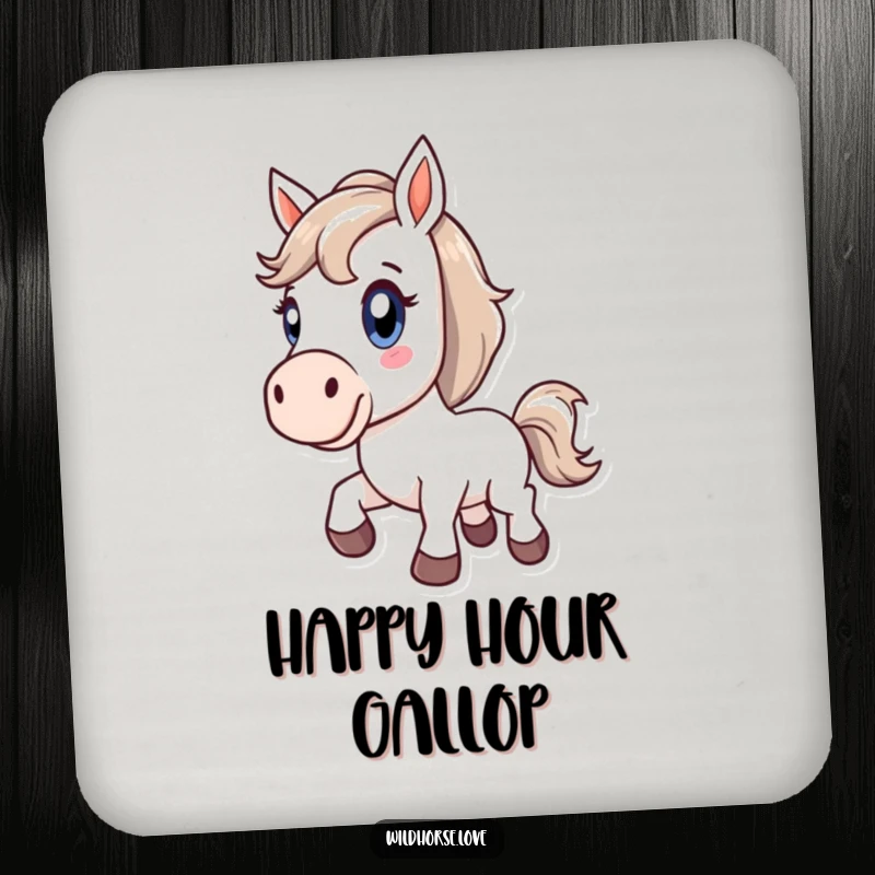 Funny drink coaster with a stylized horse bucking with pure delight, representing energetic joy; protects surfaces.