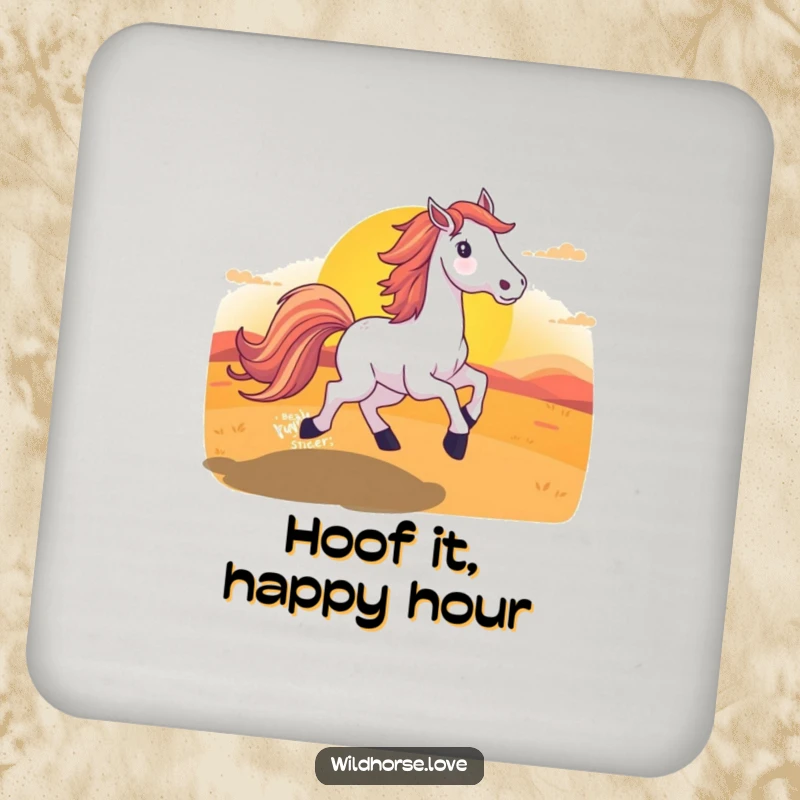 Funny Horse Sunset Coasters featuring a horse with its long tail running into a vibrant sunset protecting tables.