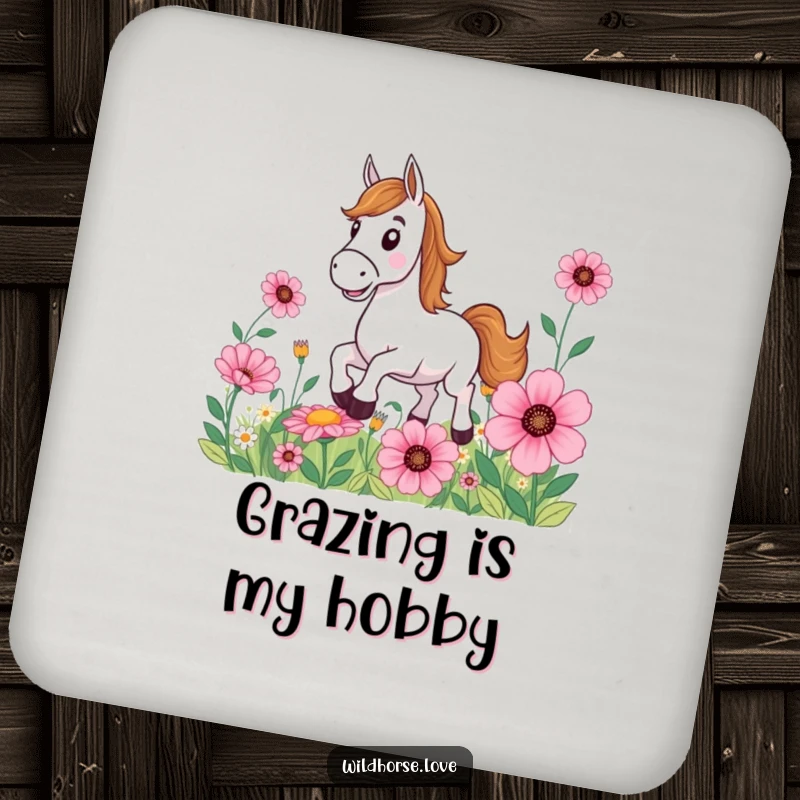Funny Horse Drink Coaster: A grinning horse gallops through oversized flowers, protecting surfaces with a dose of equestrian humor.