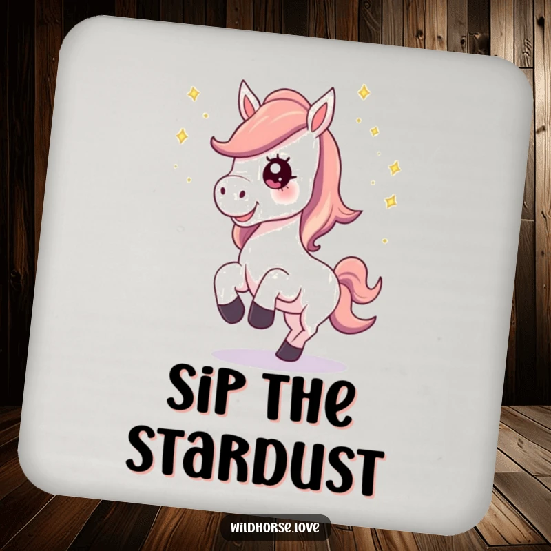 Funny Coaster: A horse with a happy neigh kicks up stardust, perfect for protecting surfaces with celestial humor.