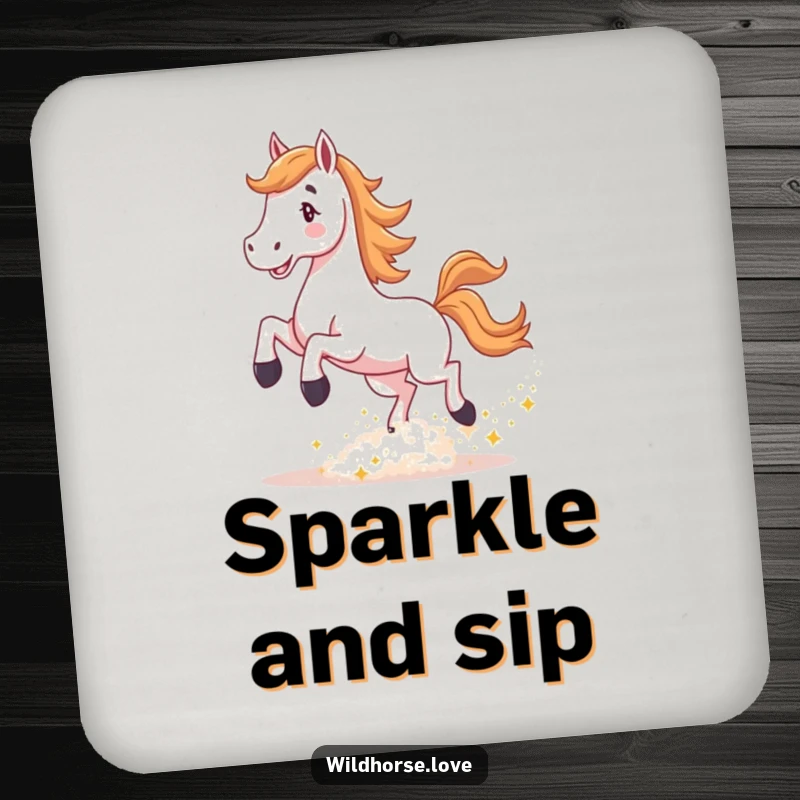 Funny Horse Drink Coaster: A horse joyfully kicks up a cloud of sparkling dust, protecting surfaces with a magical, humorous touch.