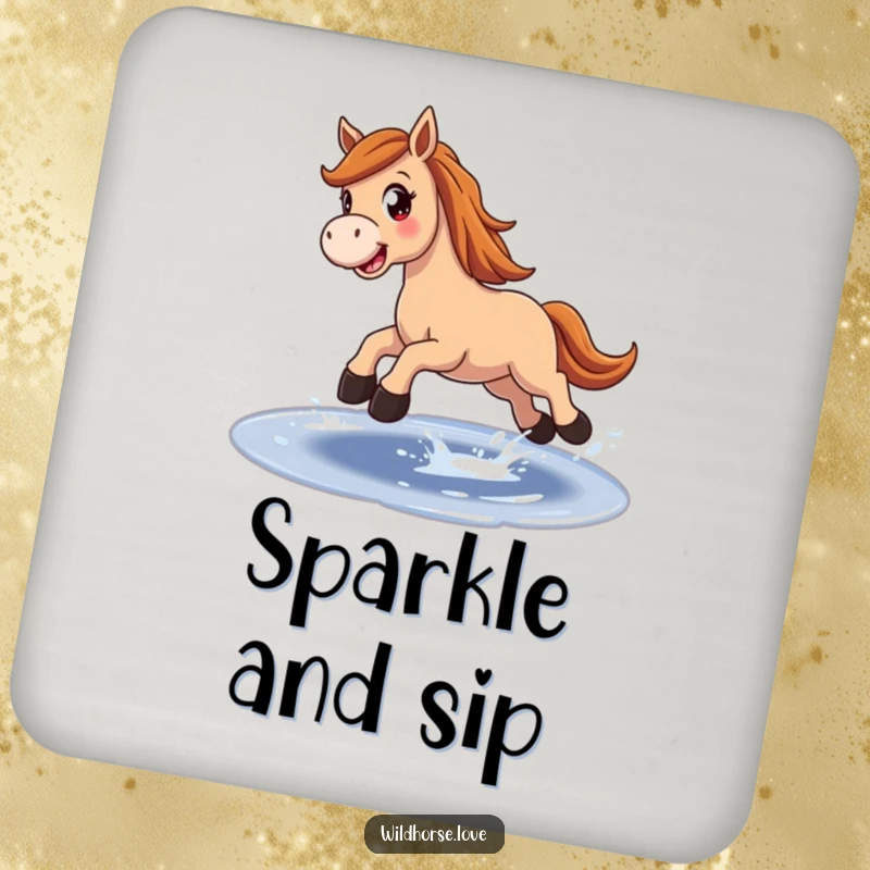 Funny Coaster: A joyful horse with wide eyes leaps over a sparkling puddle, perfect for protecting surfaces with equestrian humor.