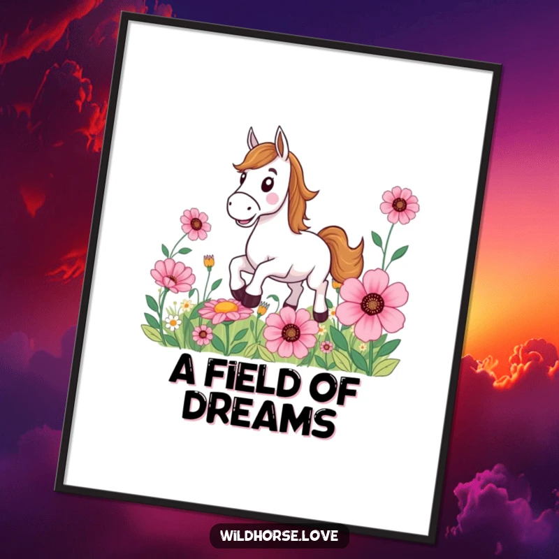 Funny Horse Poster: A smiling horse joyfully gallops through a field of enormous, striking flowers, creating a lively and fun wall art piece.