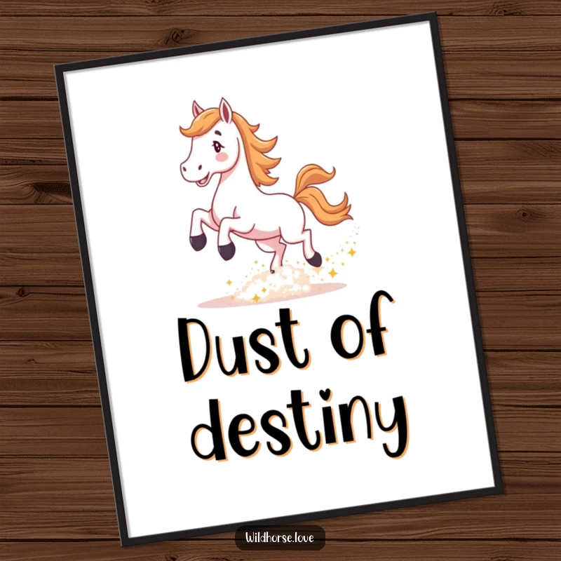 Funny Horse Poster: A stylized horse joyfully kicking up a cloud of shimmering, glittering dust, creating a dynamic and magical visual.