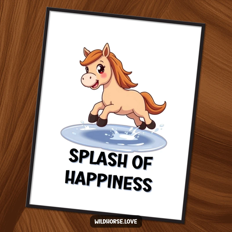 Funny Poster: A joyful horse with wide eyes gleefully jumps over a sparkling puddle, capturing a moment of pure, unadulterated fun.