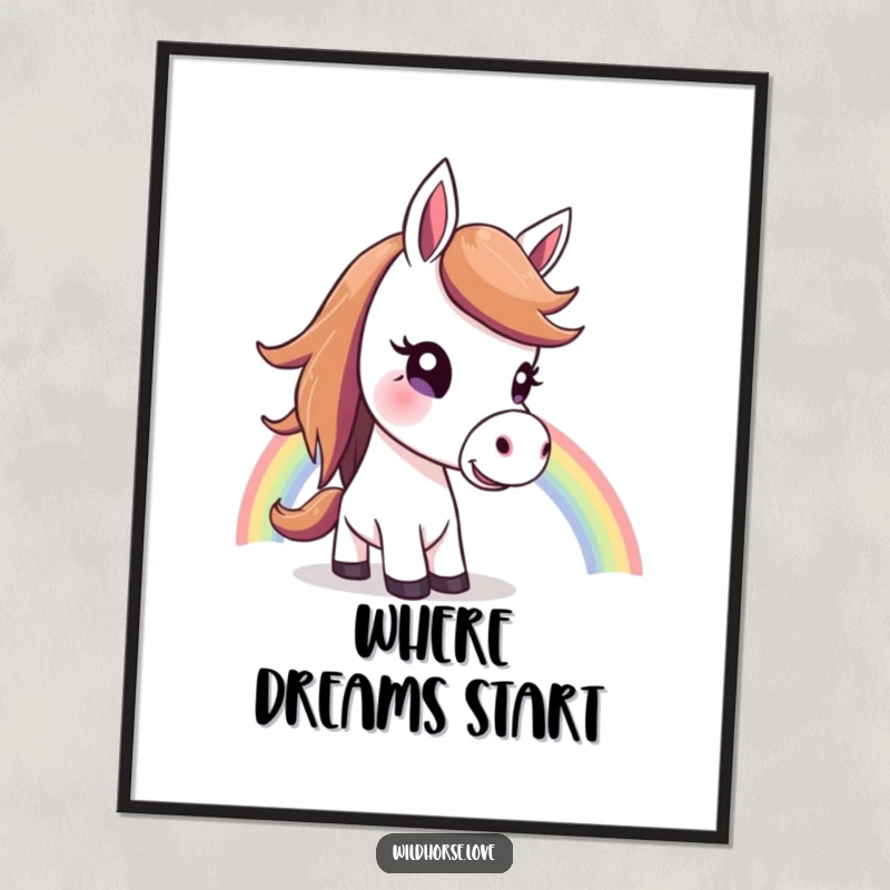 Funny Horse Poster: A horse with a curious tilt of its head gazes up at a brilliant rainbow, creating a serene and hopeful wall art.