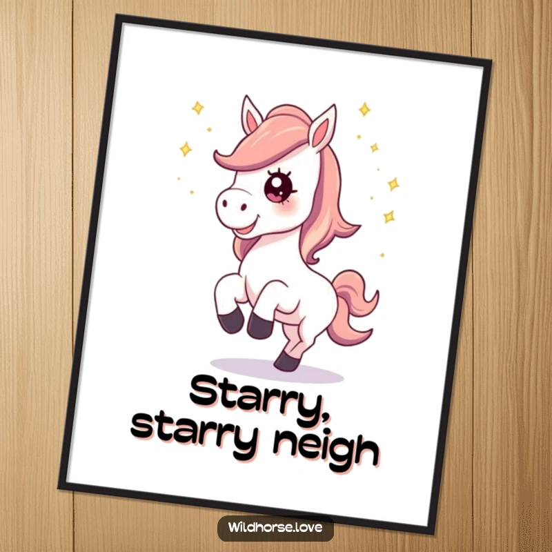 Funny Poster: A magical horse with a happy neigh kicks up a dazzling trail of stardust, perfect cosmic wall art.
