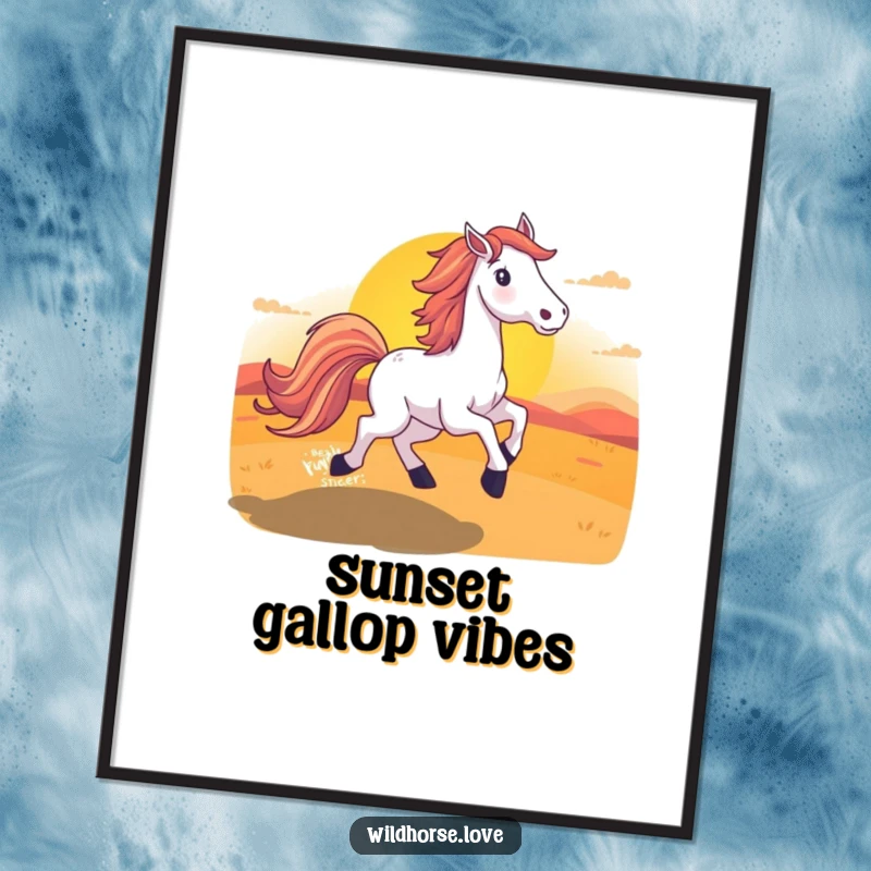 Funny Horse Sunset Poster art print of a horse with a long tail running into a dramatically vibrant sunset sky.