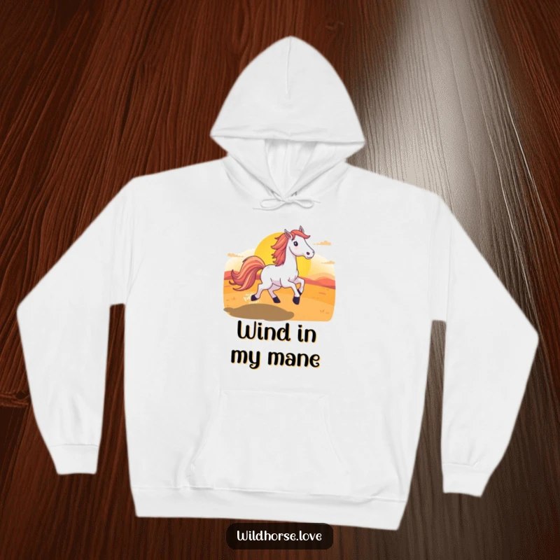 Funny Horse Sunset Hoodie depicting a strong horse with a luxurious tail, racing into a brilliant, multi-hued sunset.