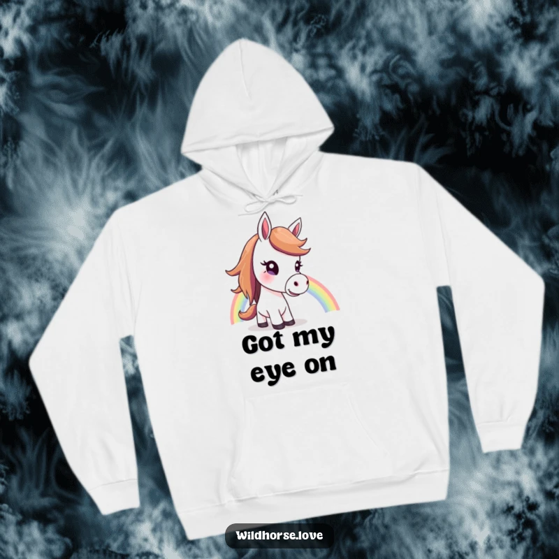 Funny Horse Hoodie: A horse with a curious expression looks up at a vibrant rainbow, offering a warm and thoughtful design.