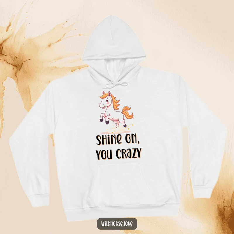 Funny Horse Hoodie: A stylized horse kicks up a cloud of sparkling dust, offering a cozy and magical design for cooler days.