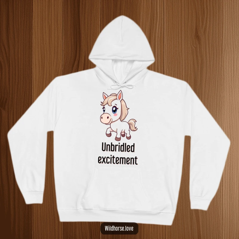Funny hoodie showcasing a stylized horse bucking with wide, energetic eyes, representing pure joy and spirited energy.