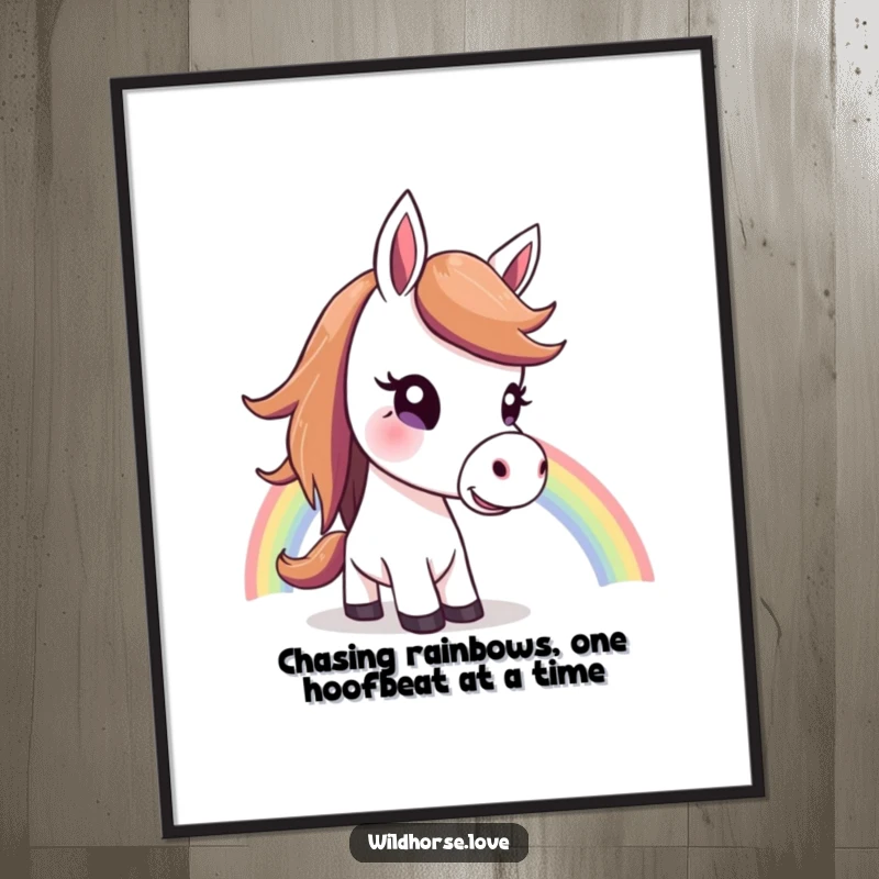 Funny Free Printable Wall Art: Horse with a curious head tilt looking up in awe at a vibrant rainbow.