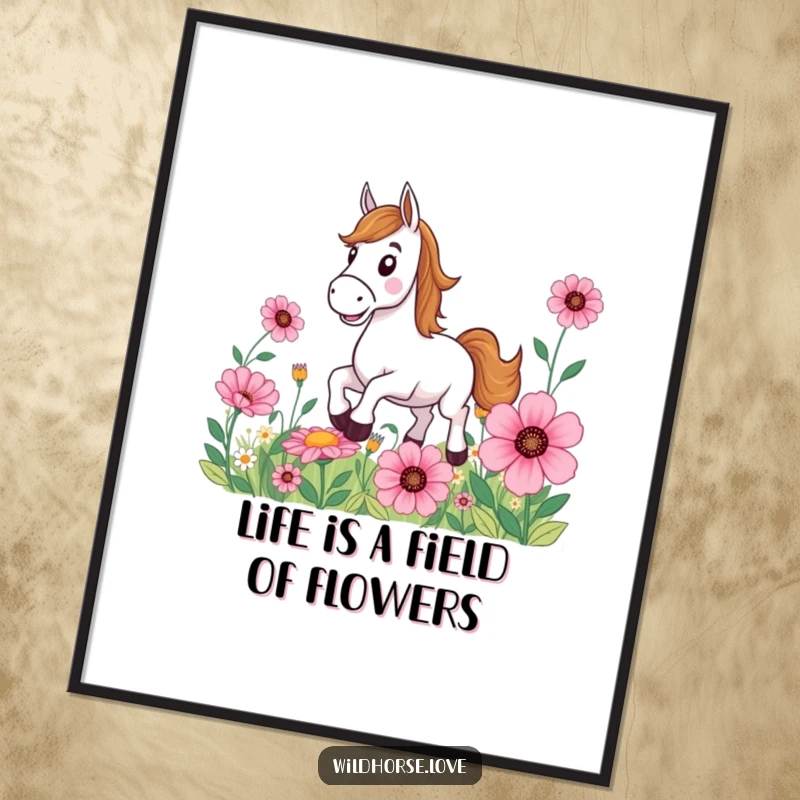 Funny Free Printable Wall Art: Horse with a massive grin joyfully galloping through a vibrant field of oversized flowers.