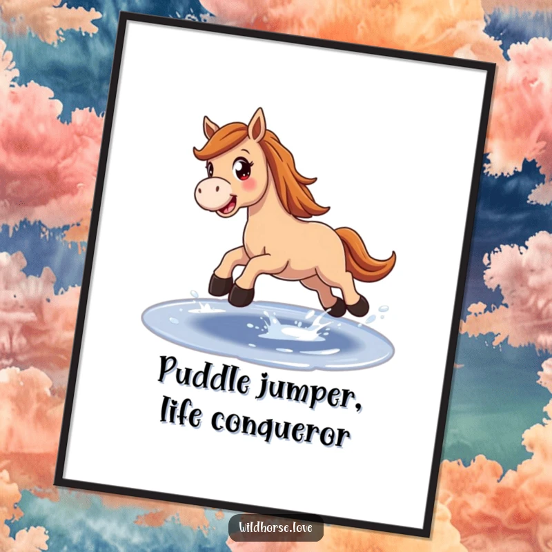Funny Free Printable Wall Art: Joyful horse with wide eyes leaping over a sparkling puddle, energetic