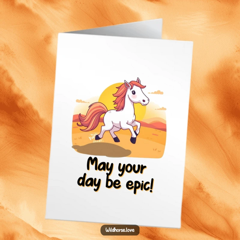 Funny Free Printable Birthday Card featuring a majestic horse with a flowing tail running towards a bright, colorful sunset.