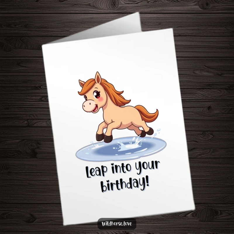 Funny Free Printable Birthday Card: Joyful horse with wide eyes leaping over sparkling puddle, celebrating