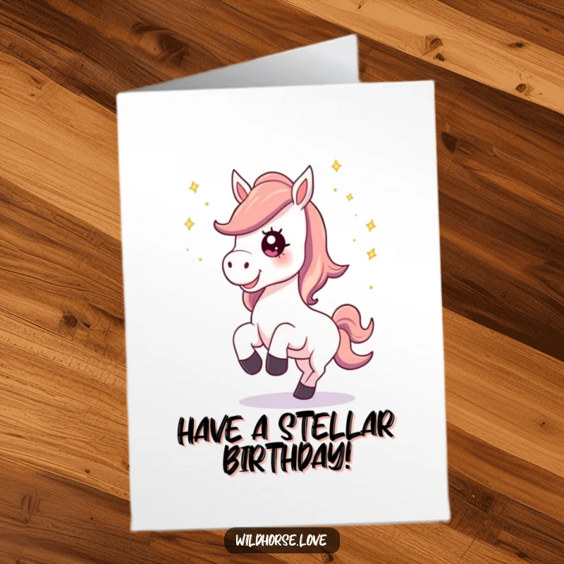 Funny Free Printable Birthday Card: Horse happily neighing, kicking up stardust, magical celebration