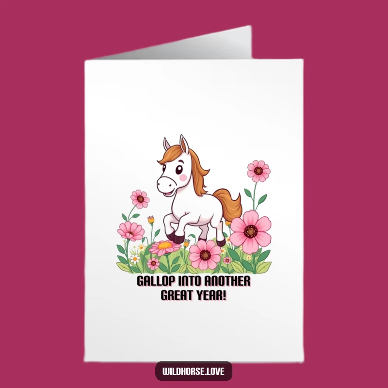 Free Printable Birthday Card: Funny Horse Grin Galloping Flower Fiesta Greeting
