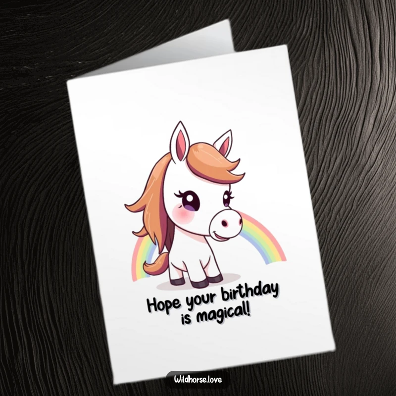 Funny Free Printable Birthday Card: Horse with a curious head tilt looking up at a vibrant rainbow.