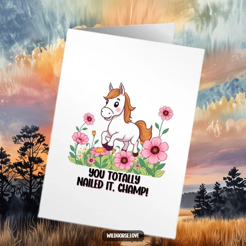 Funny Free Printable Congratulations Card: Horse with a wide grin joyfully galloping amidst oversized, vibrant flowers.