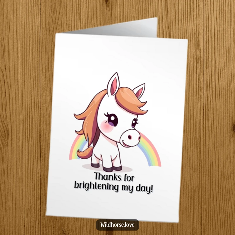 Funny Free Printable Thank You Card: Horse with a curious head tilt gazing at a bright rainbow.