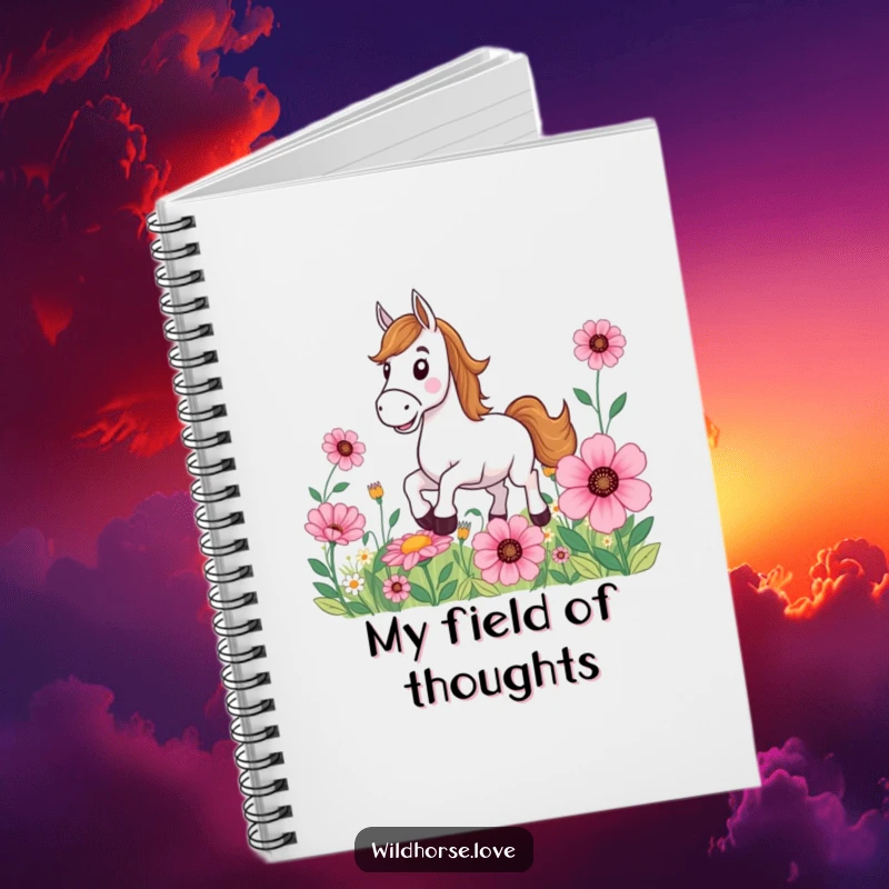 Funny Horse Notebook: A grinning horse gallops through a field of oversized flowers, designed for capturing thoughts and ideas with humor.